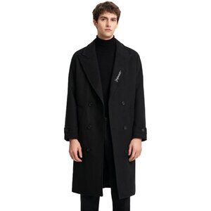 Men's Black 2 Trench Coat Long Sleeve Lapel Overcoat Casual Fall Winter Warm
